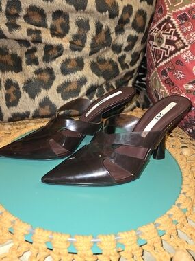 NewZara Brown Clear Kitten Heel Stilletto Mule Slide Pump 39 Sleek Cutout Design